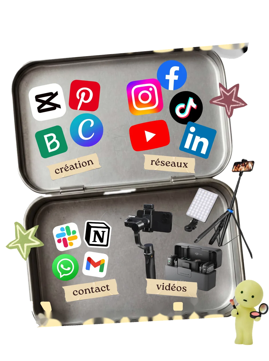 Ma boîte à outils : Canva, CapCut, Pinterest, Instagram, Facebook, TikTok, YouTube, LinkedIn, Notion, Slack, WhatsApp, Gmail, stabilisateur, micros et lumière