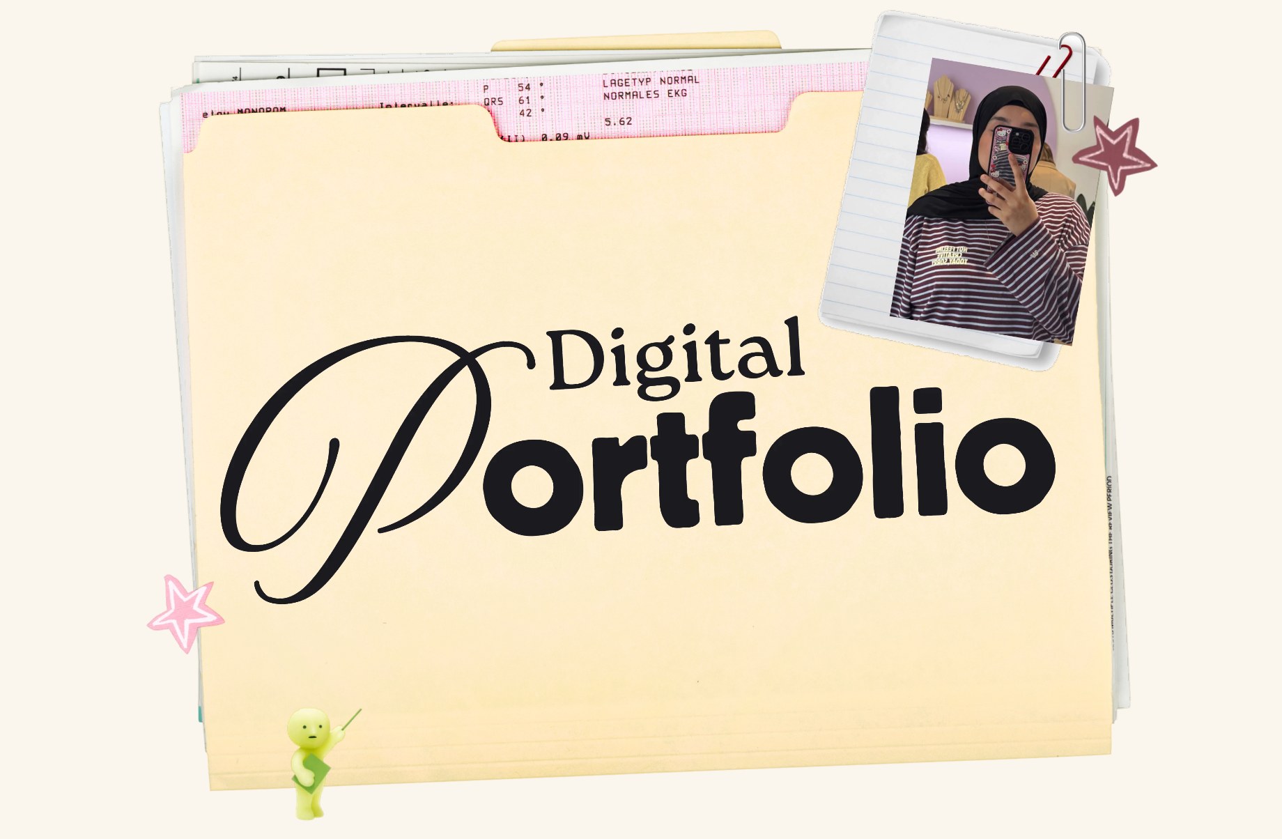 Digital Portfolio : dossier kraft, photo de Jasmine, tasses de matcha